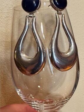 Vintage Mexico 925 Sterling Silver Blue Cabochon Drop Earrings